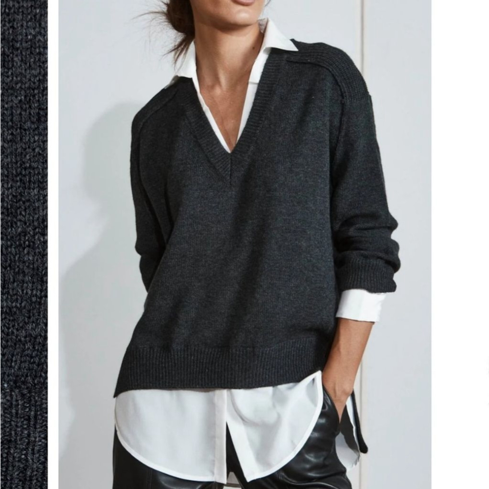 BROCHU WALKER Cashmere Wool The Looker Layered V-Neck Sweater with White Shirt S